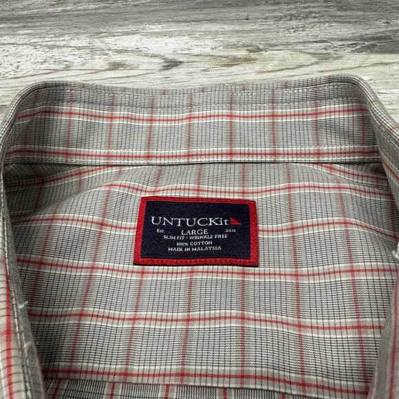 Untuckit Kuleto Cream Red‎ Gray Mens L Slim Fit Glen Check Plaid Button Up Shirt - Picture 4 of 9
